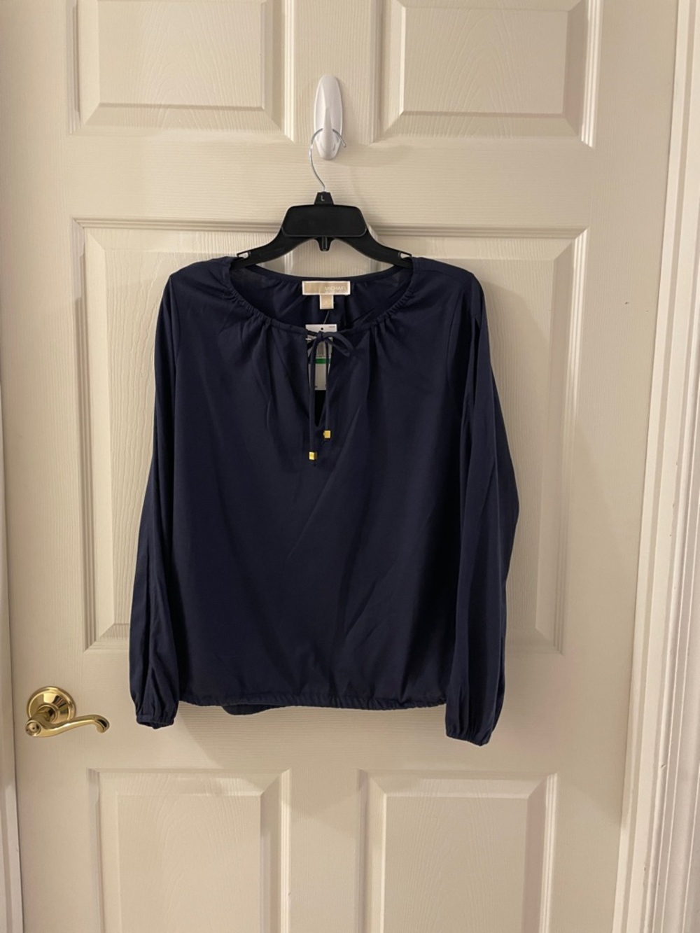 Michael Kors Navy Peasant-Style Tie-Neck Blouse